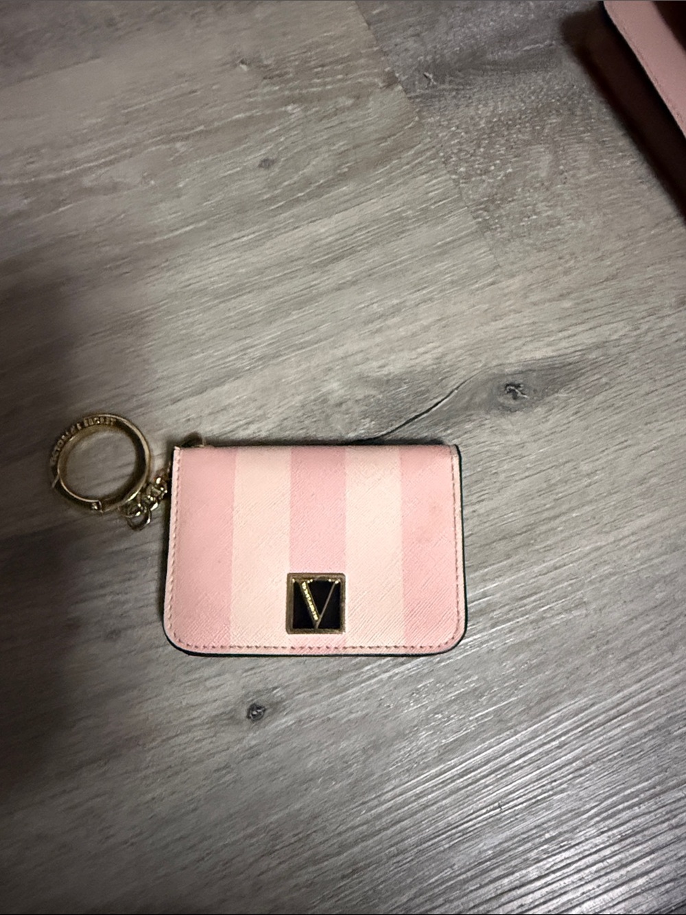 Victoria's Secret Pink Striped Card Holder Key Ring with Gold V Emblem